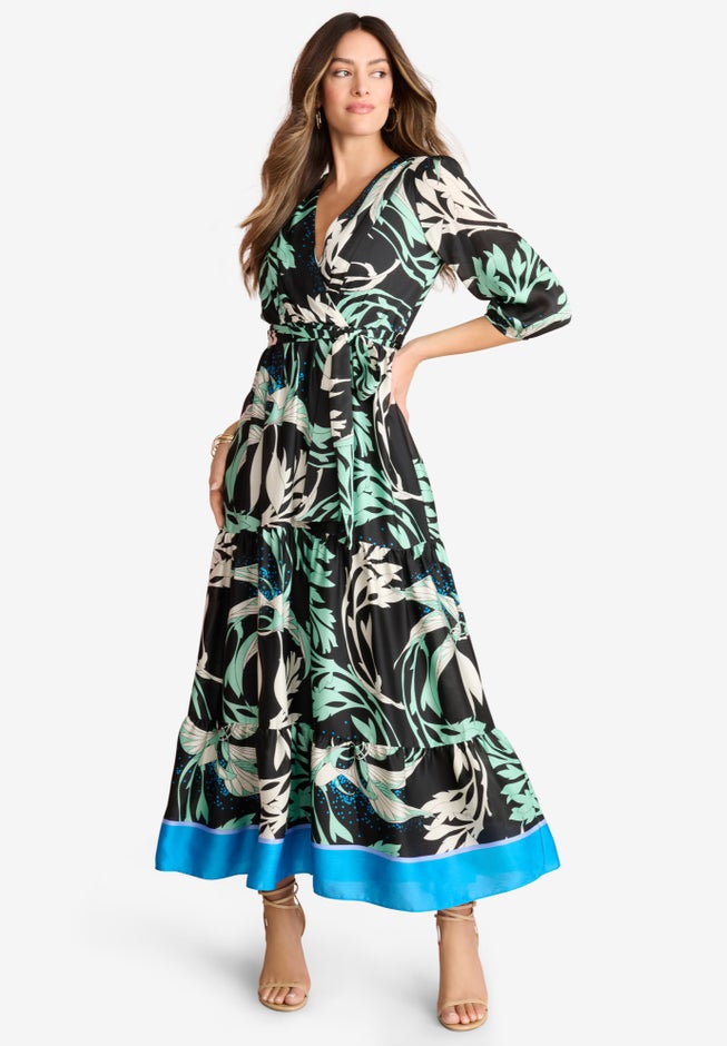 Blouson Sleeve Faux Wrap Maxi Dress image number null