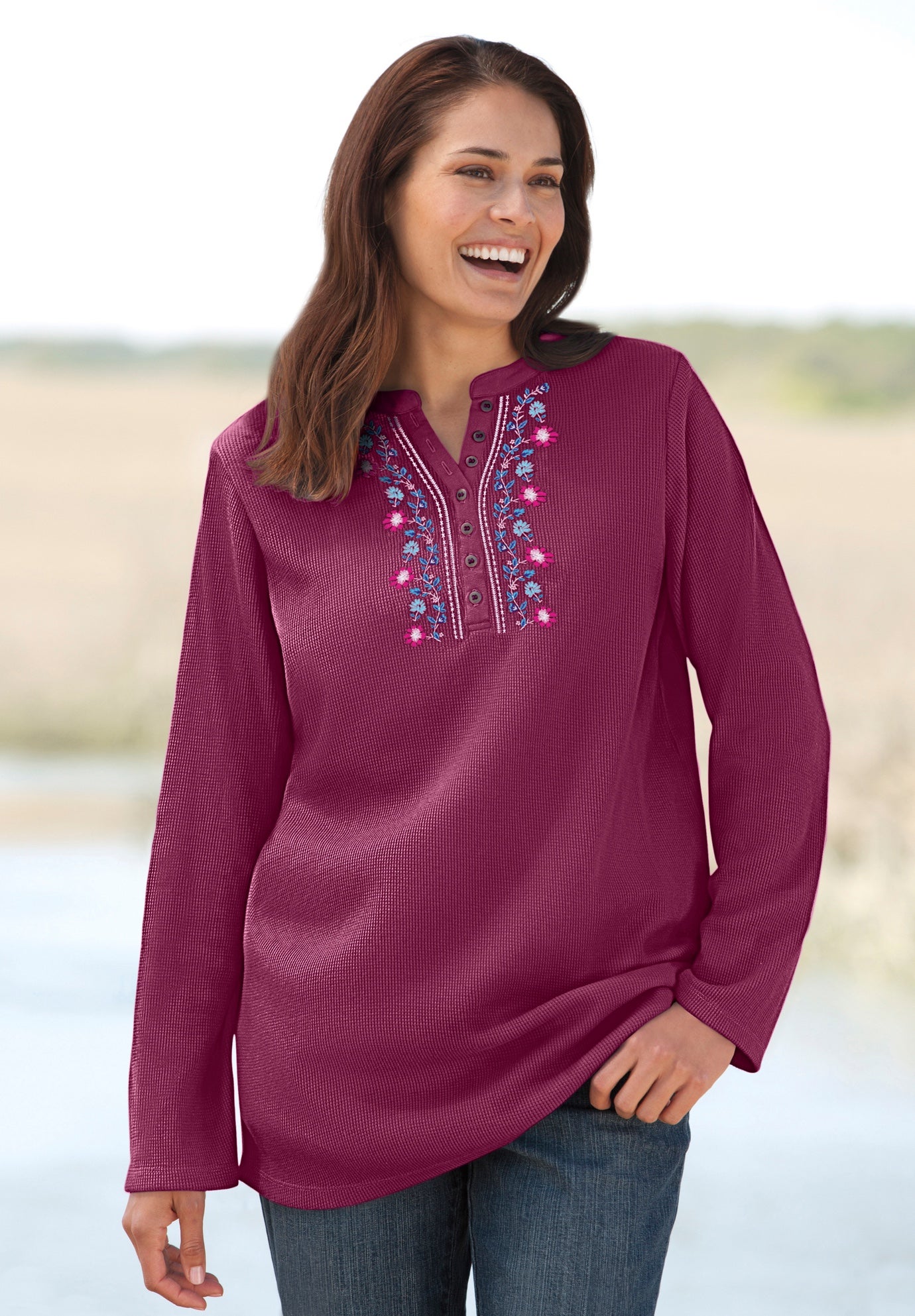 Embroidered Thermal Henley Tee image number 0