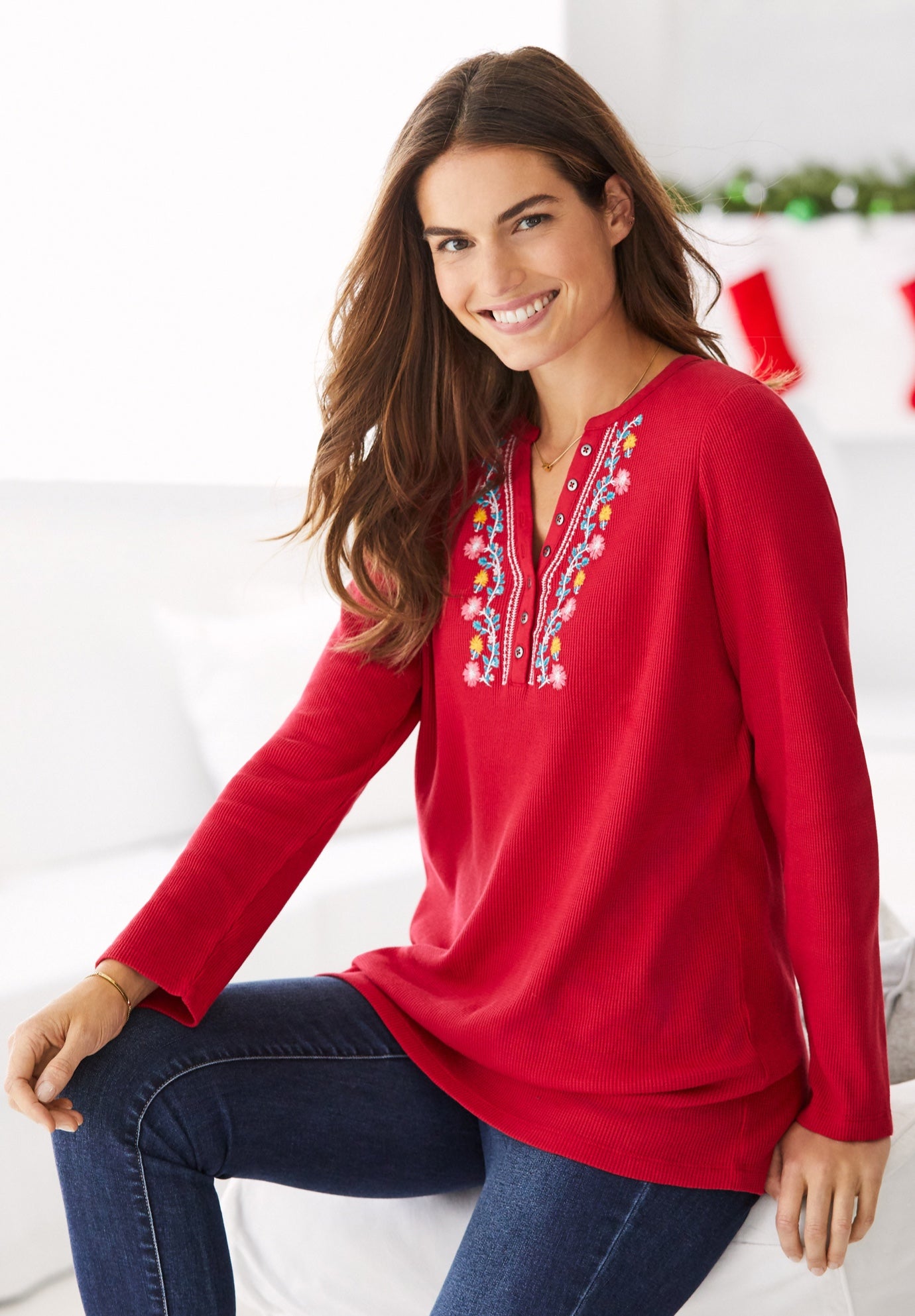 Embroidered Thermal Henley Tee image number 0
