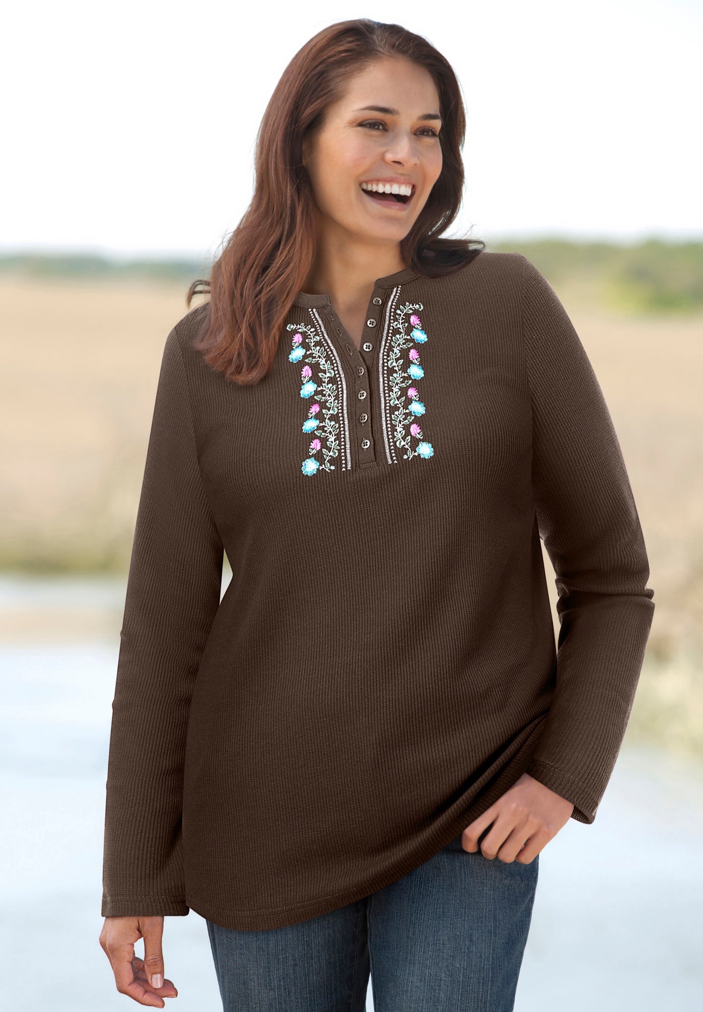 Embroidered Thermal Henley Tee image number 0