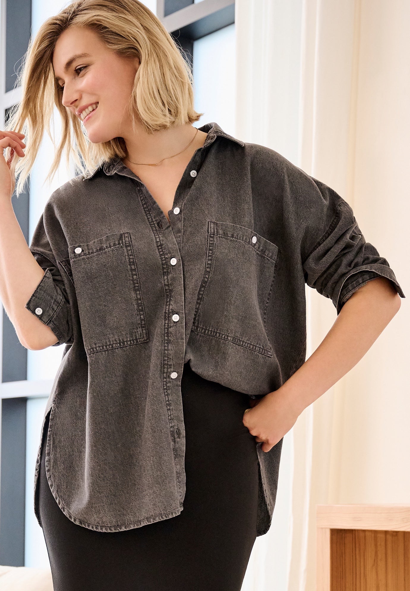 Oversized Button-Front Denim Shirt image number 0