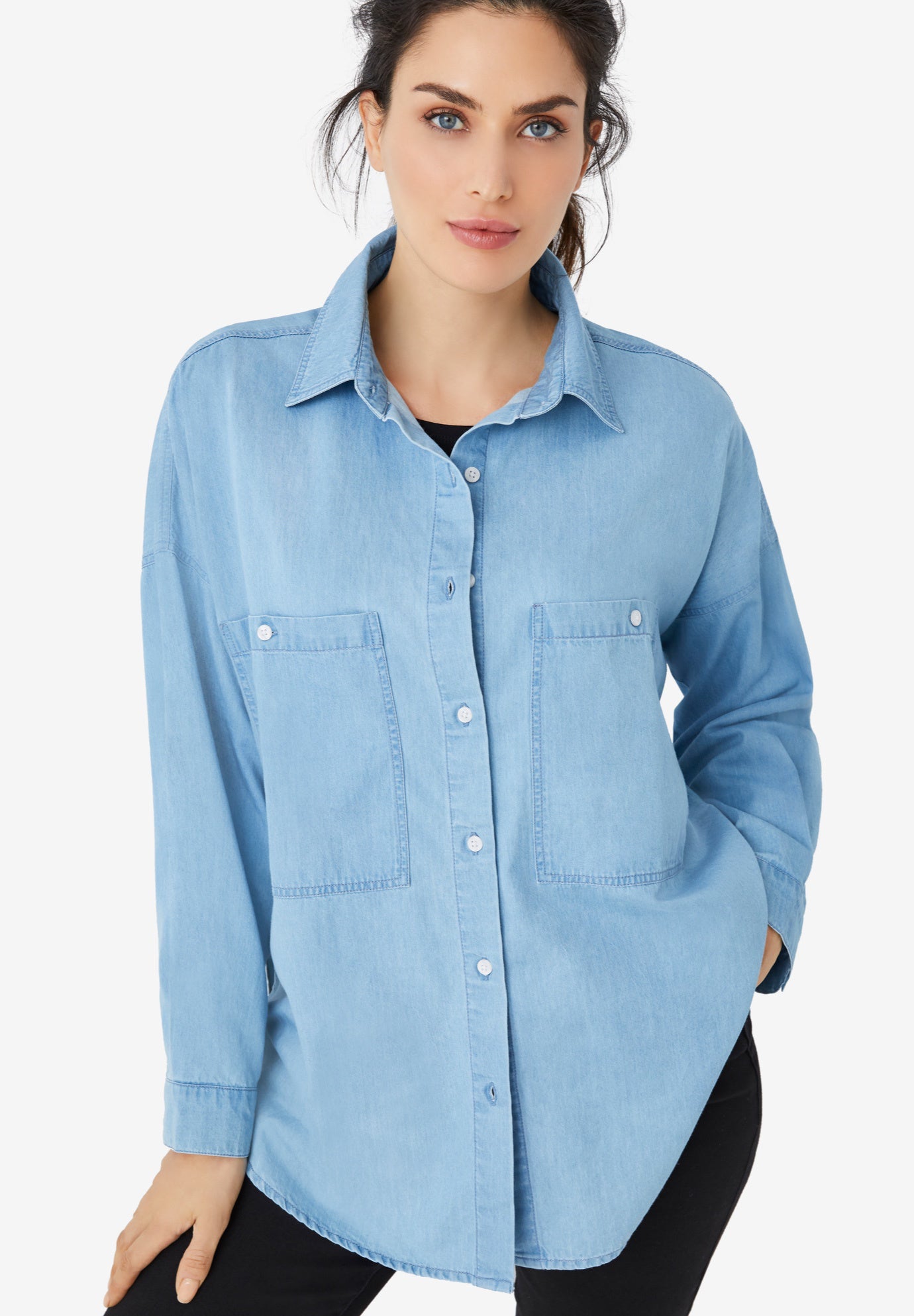 Oversized Button-Front Denim Shirt image number 0
