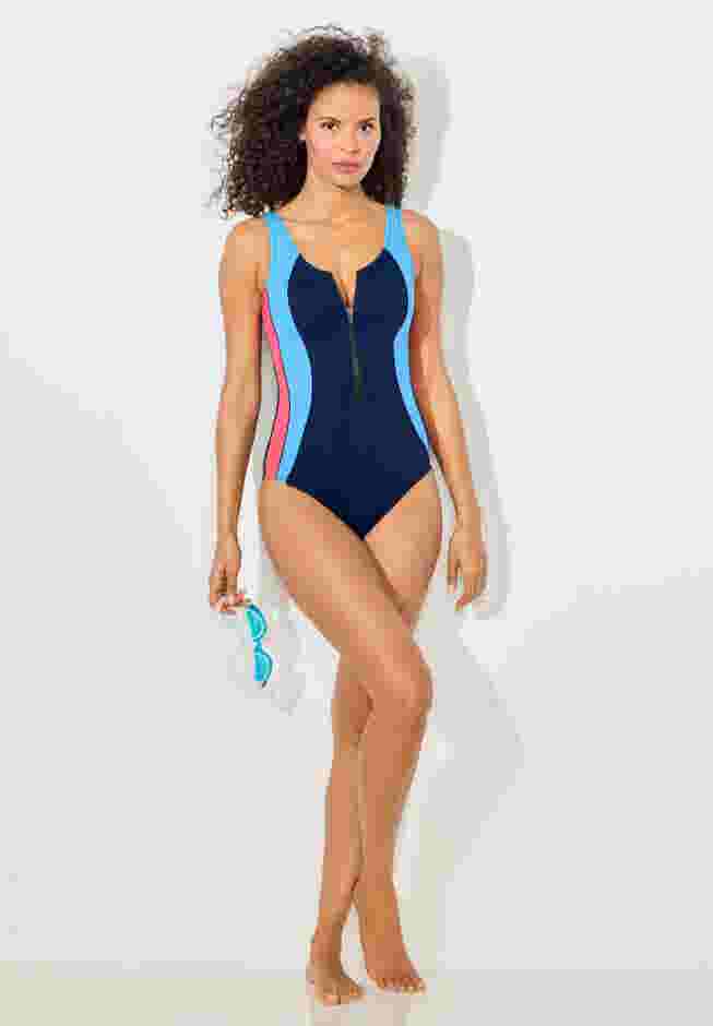 Chlorine Resistant Zip Front One Piece Swimsuit image number 3