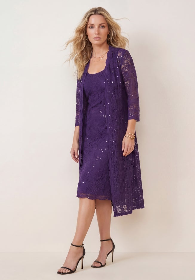 Plus Size 3/4 Sleeve Formal Duster Sequin Embellished Lace Dress Set Plus Size 3/4 Sleeve Formal Duster Sequin Embellished Lace Dress Set