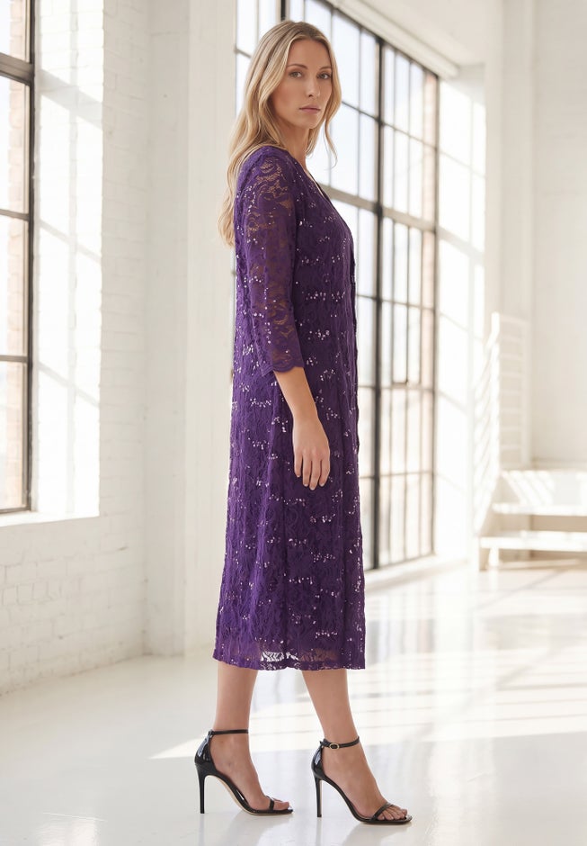 Plus Size 3/4 Sleeve Formal Duster Sequin &ndash; Embellished Lace Dress Set image number 4