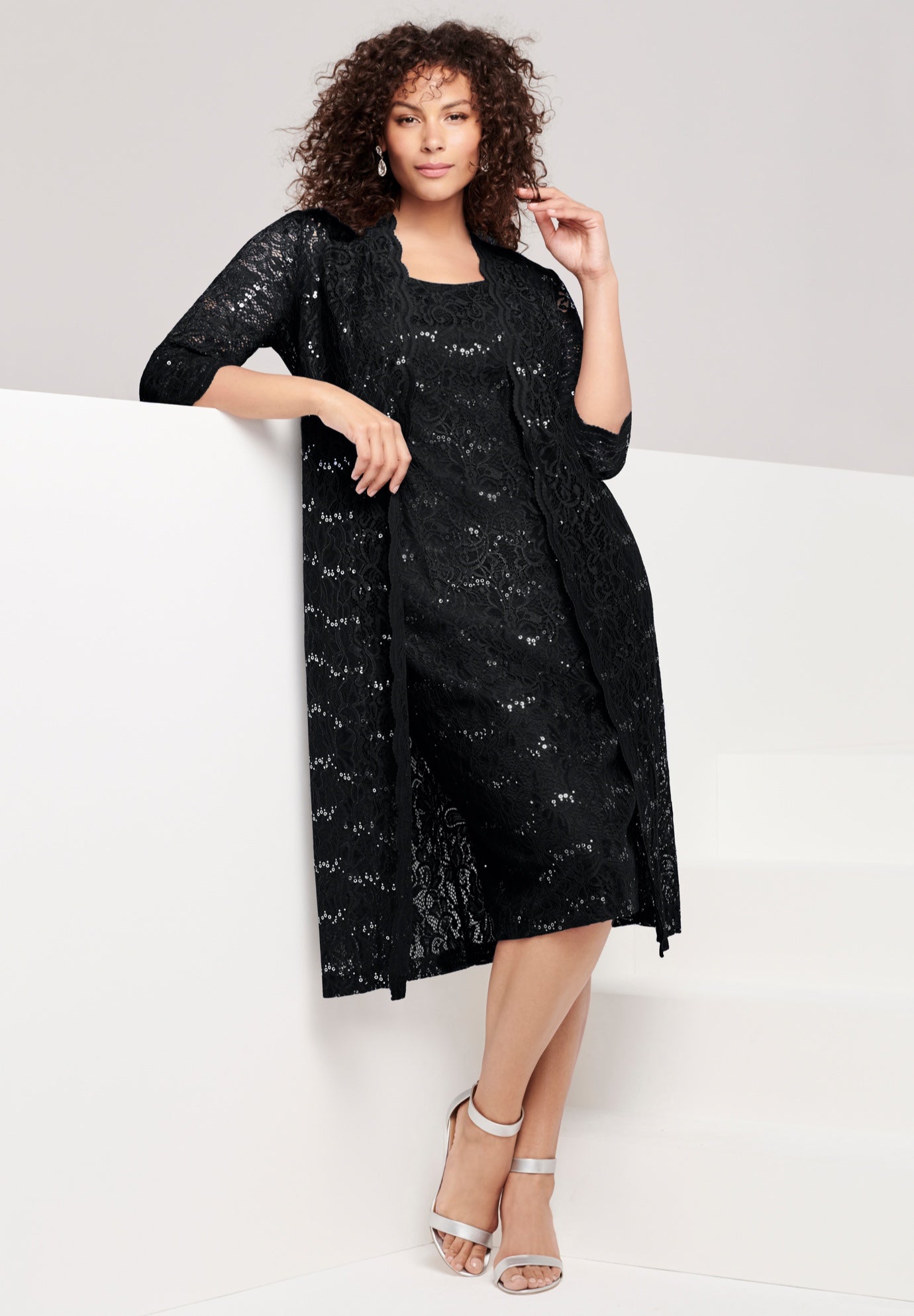 Plus Size 3/4 Sleeve Formal Duster Sequin – Embellished Lace Dress Set image number 0