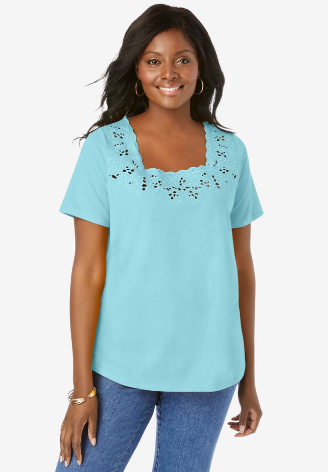 Stretch Cotton Eyelet Cutout Tee image number 0