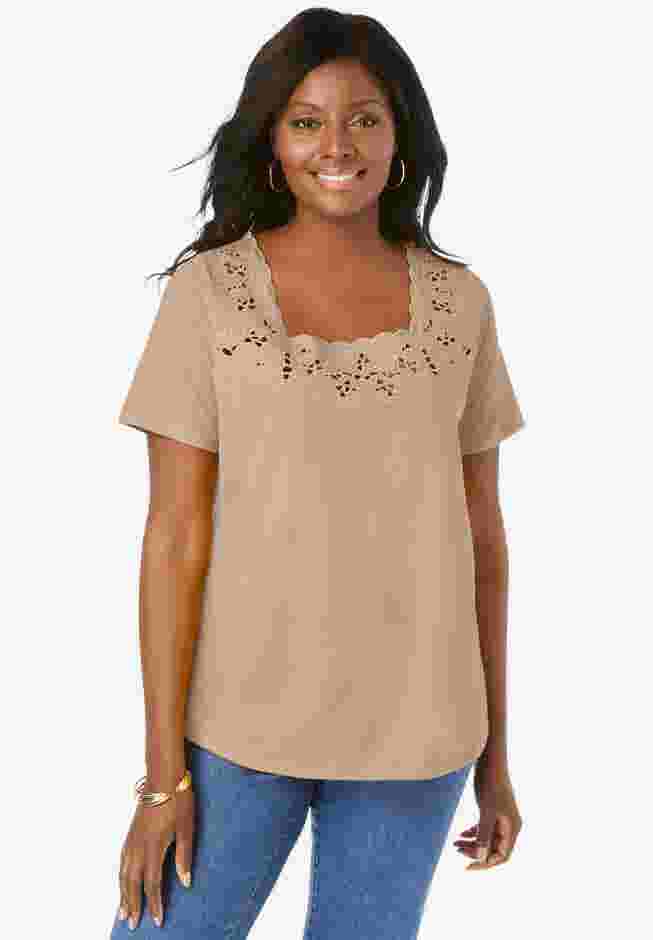 Stretch Cotton Eyelet Cutout Tee image number 0