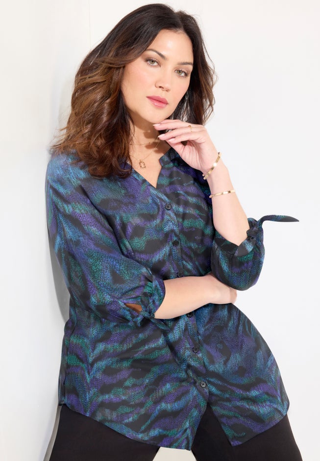 Georgette Buttonfront Tie Sleeve Cafe Blouse image number 1