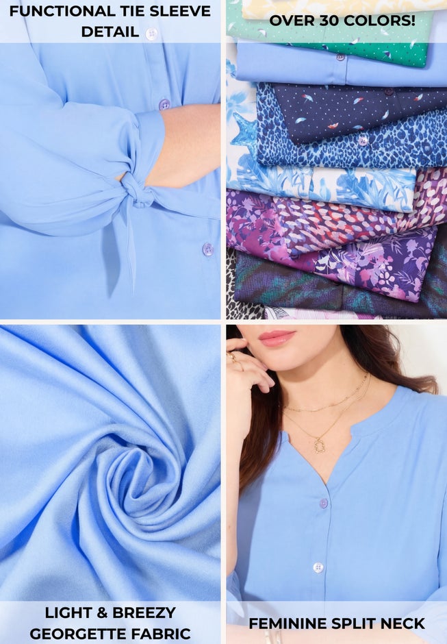 Georgette Buttonfront Tie Sleeve Cafe Blouse image number 3
