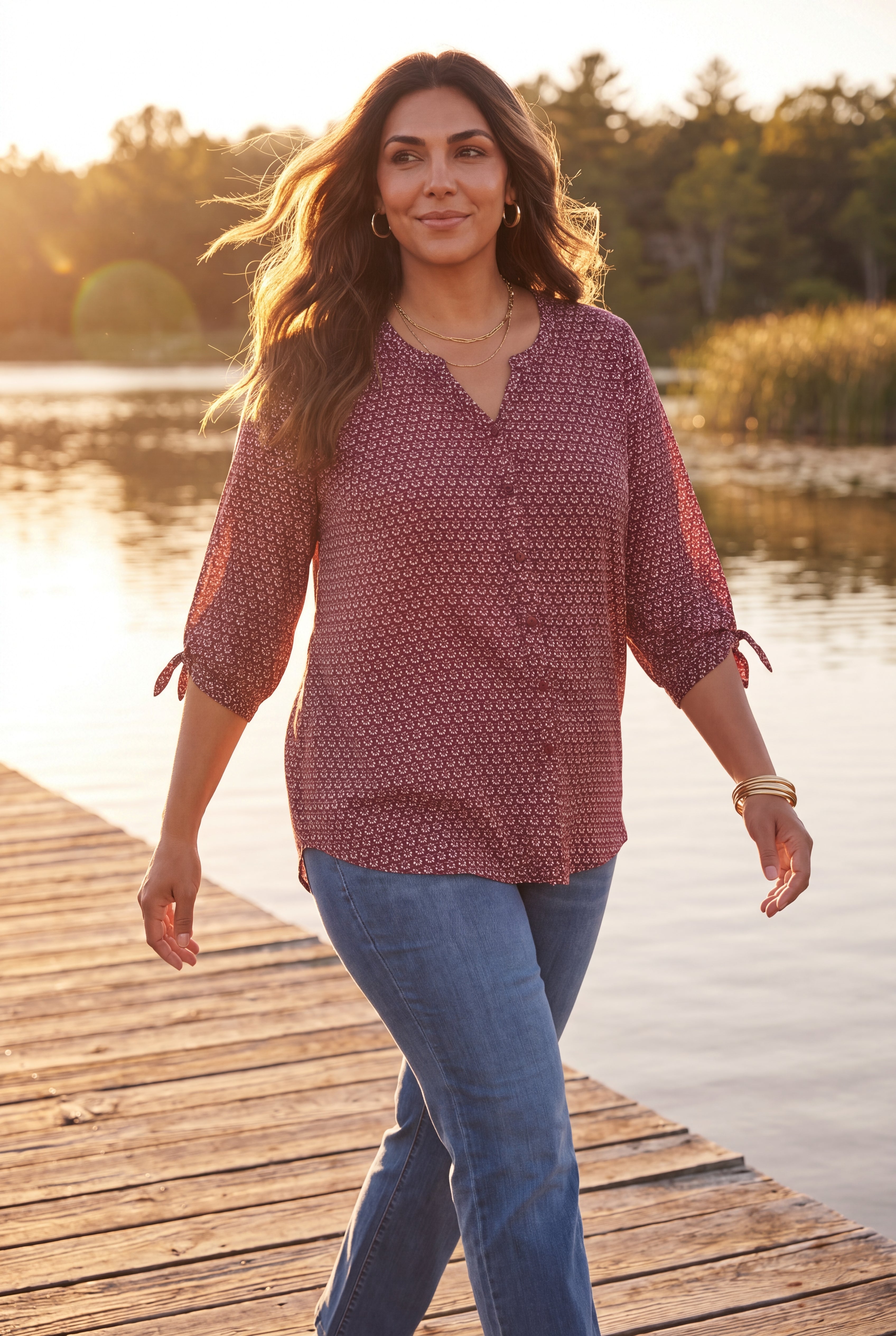Georgette Buttonfront Tie Sleeve Cafe Blouse image number 0