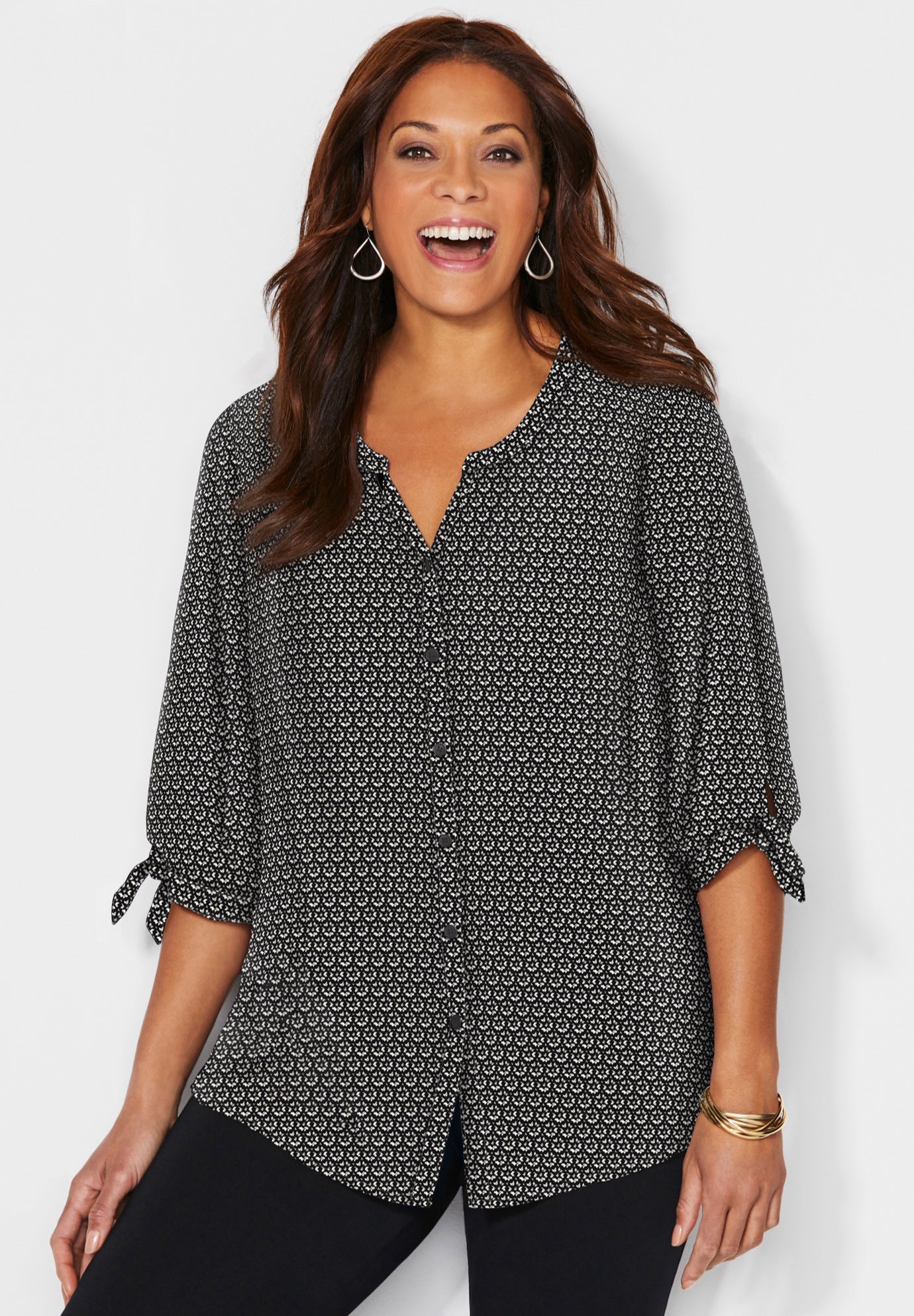 Georgette Buttonfront Tie Sleeve Cafe Blouse image number 1