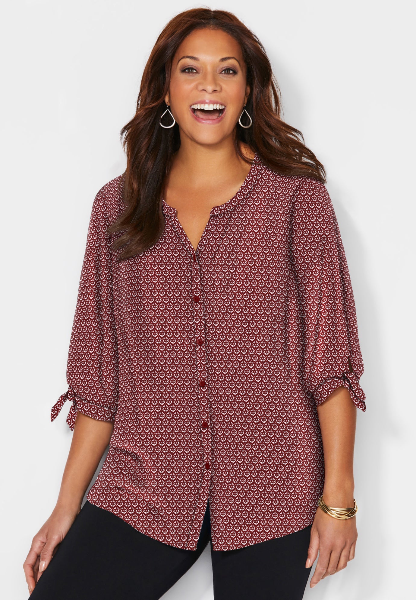 Georgette Buttonfront Tie Sleeve Cafe Blouse image number 2