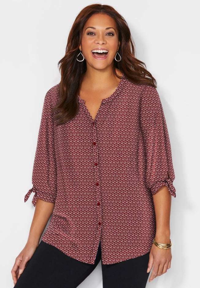 Georgette Buttonfront Tie Sleeve Cafe Blouse image number 2