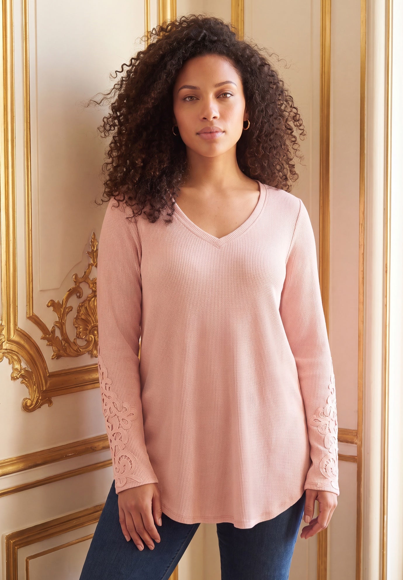 Plus Size Knit Thermal Lace Trim Tunic &ndash; Long Sleeve image number 0