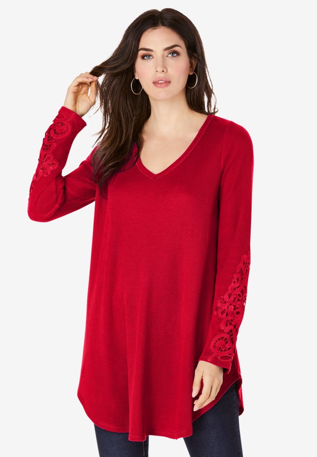 Plus Size Knit Thermal Lace Trim Tunic – Long Sleeve image number 0