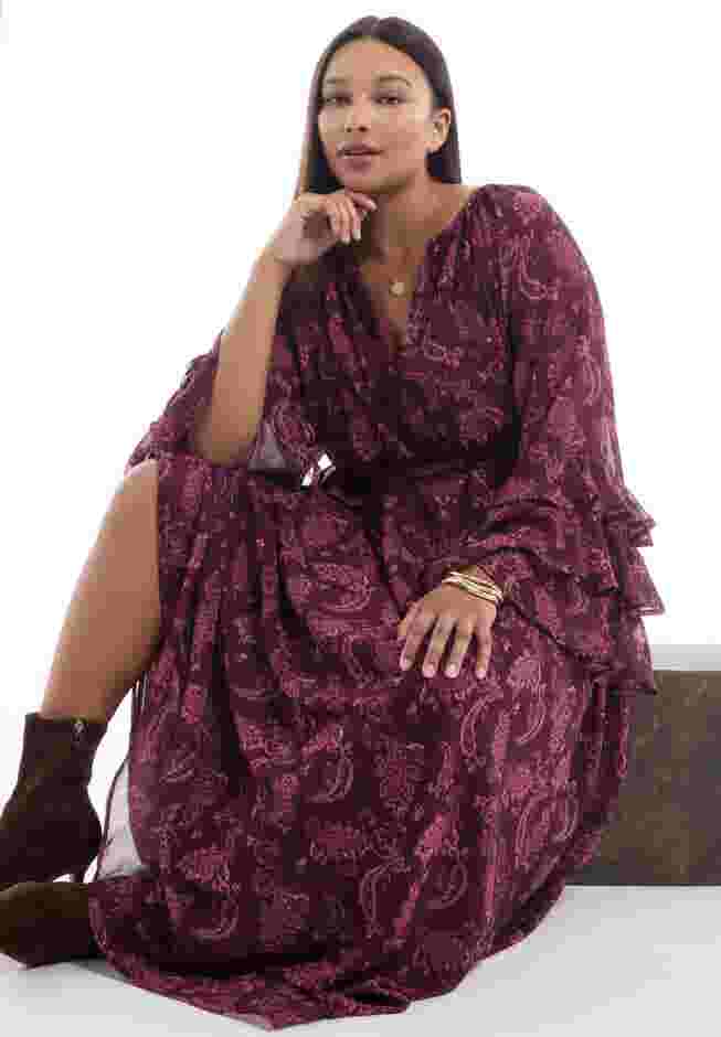 Ruffled Paisley Chiffon Maxi Dress image number 3