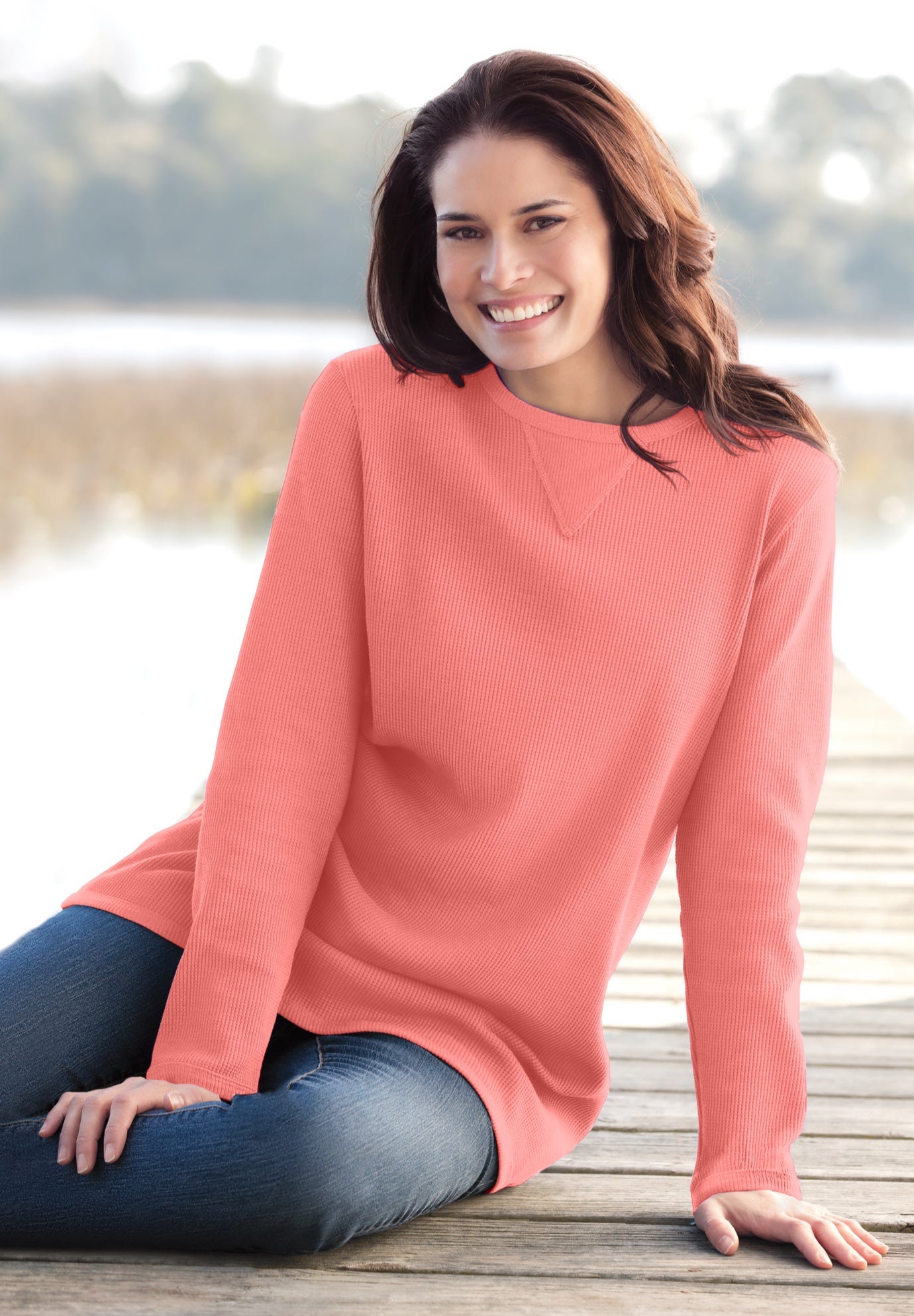 Long-Sleeve Crewneck Soft Waffle Knit Thermal Shirt image number 0