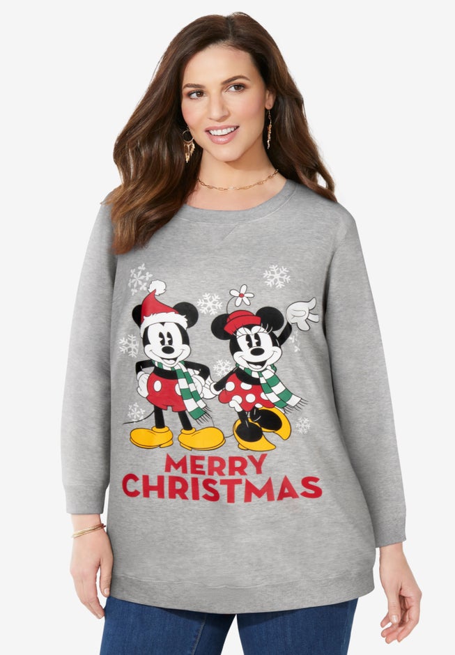 Disney Long-Sleeve Fleece Sweatshirt Xmas Heather Grey Mickey Minnie image number null