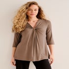 Stretch Knit V-neck 3/4 Sleeve Knot Front Tunic image number null