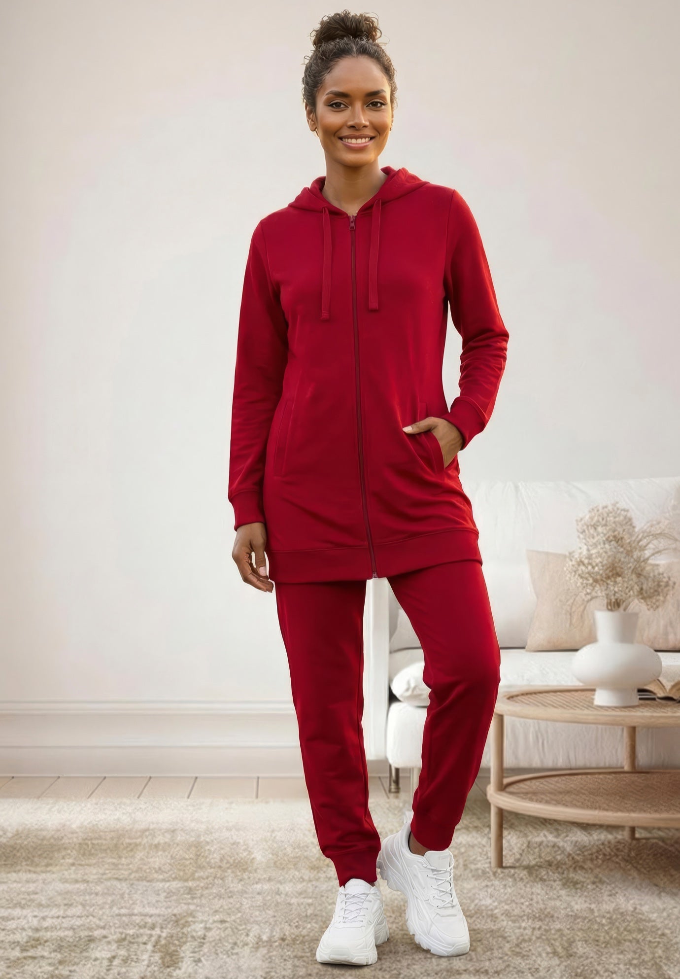 French Terry Long Sleeve Zip-Front Tunic Hoodie image number 0