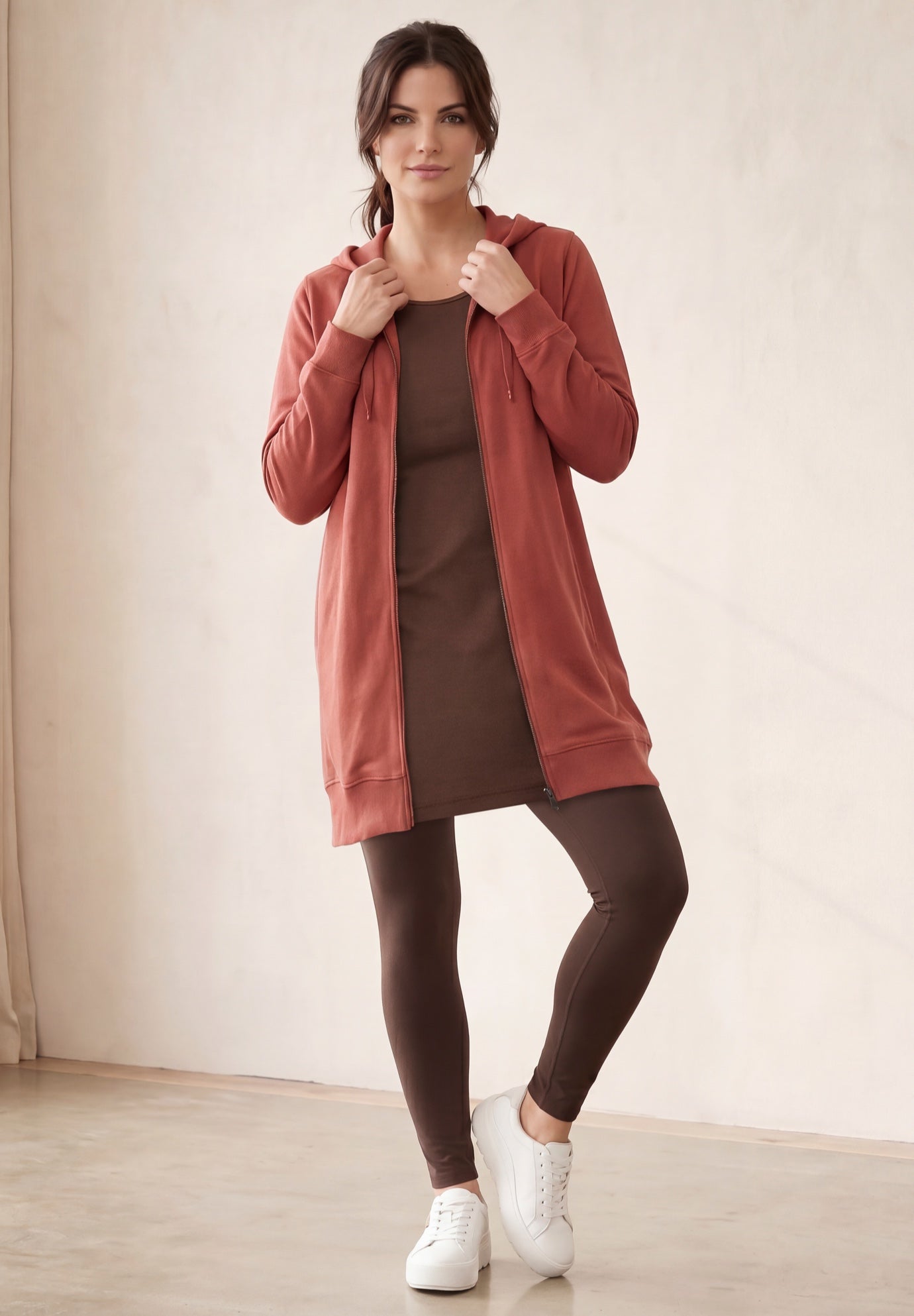 French Terry Long Sleeve Zip-Front Tunic Hoodie image number 0