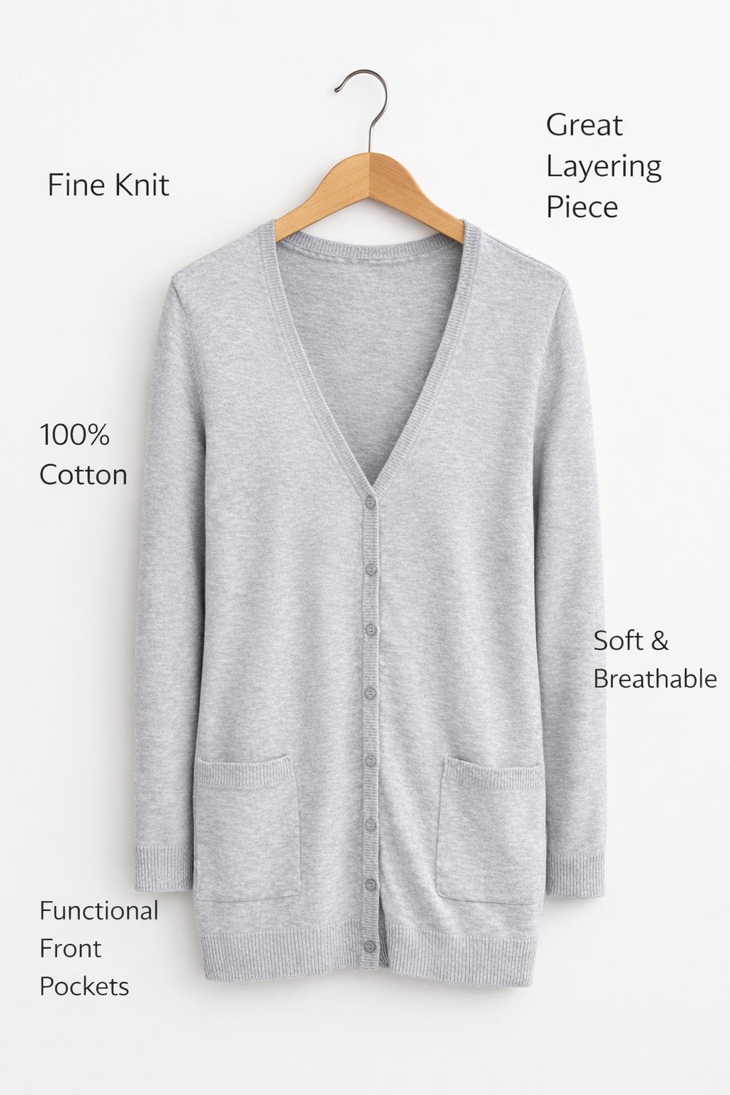 V-Neck Button-Front 100% Cotton Boyfriend Cardigan image number 2