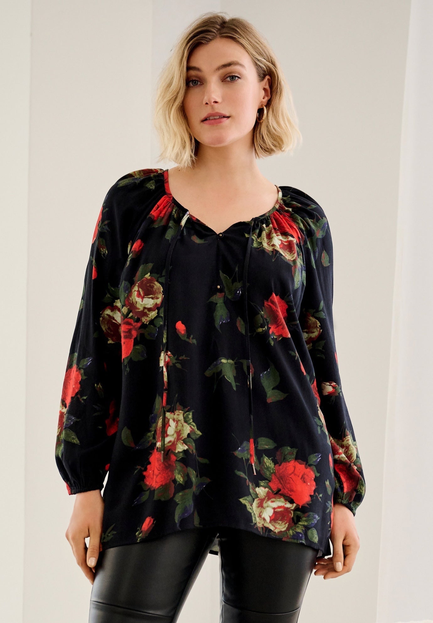 A-Line Long Sleeve Peasant Tunic with Tie-Neck Keyhole Neckline image number 0