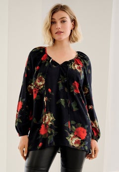 A-Line Long Sleeve Peasant Tunic with Tie-Neck Keyhole Neckline