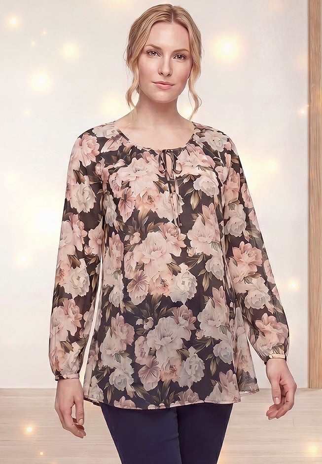 A-Line Long Sleeve Peasant Tunic with Tie-Neck Keyhole Neckline image number 0