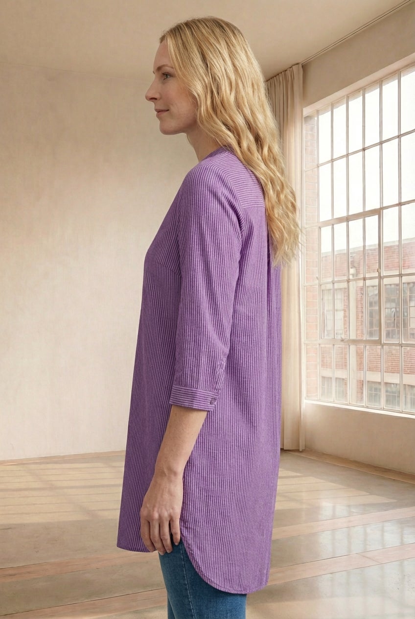 Three-Quarter Sleeve Roll Tab Relaxed Fit 100% Cotton Henley Tunic image number 2