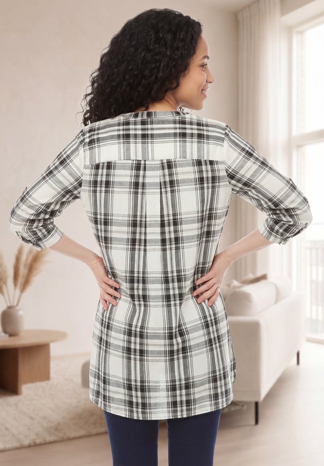 Three-Quarter Sleeve Roll Tab Relaxed Fit 100% Cotton Henley Tunic image number 1