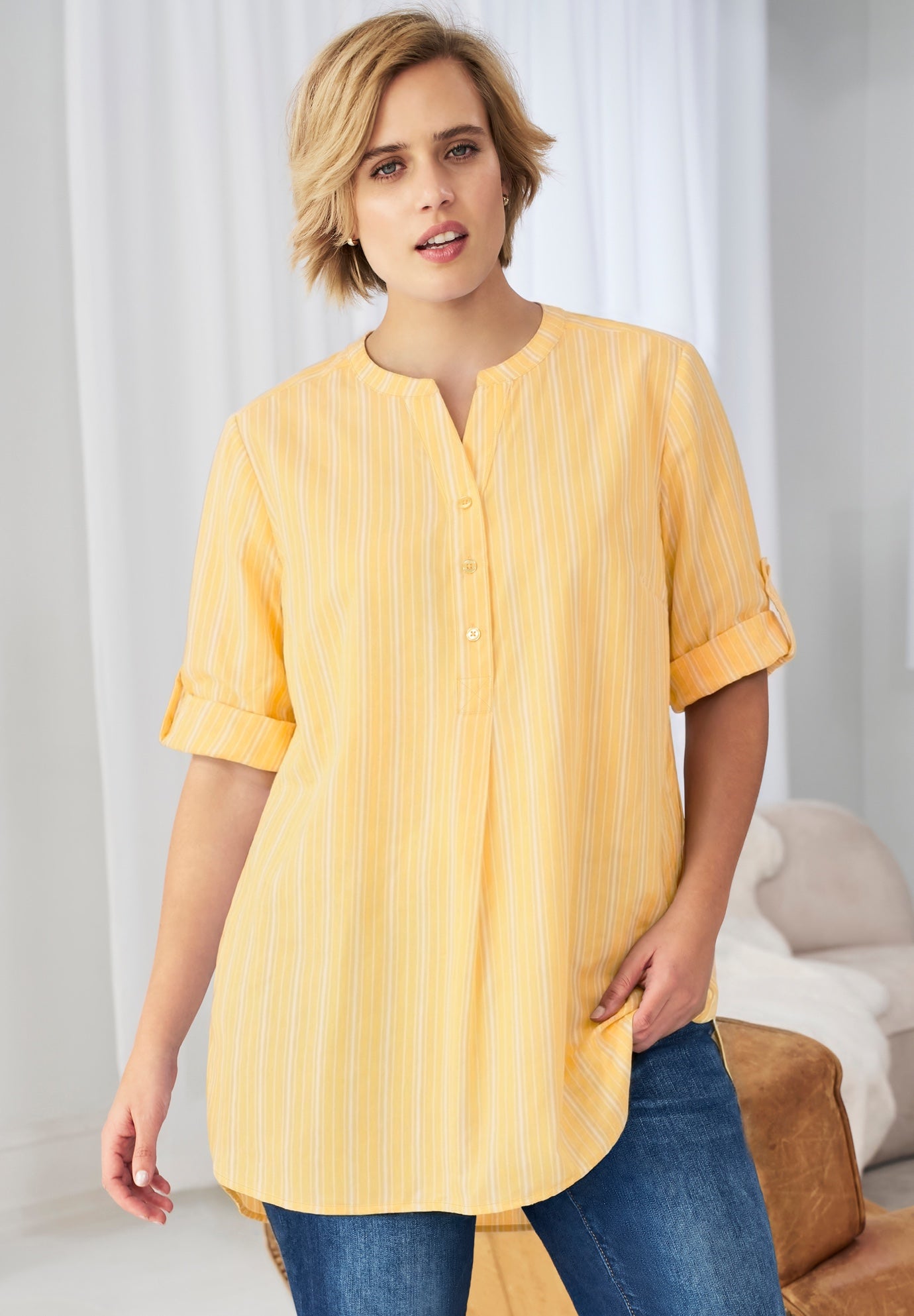 Three-Quarter Sleeve Roll Tab Relaxed Fit 100% Cotton Henley Tunic image number 0