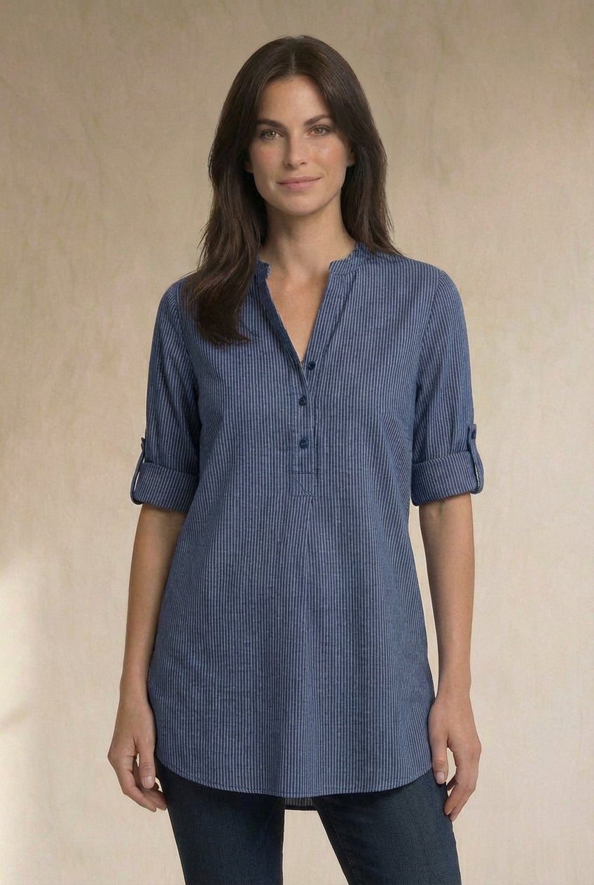 Three-Quarter Sleeve Roll Tab Relaxed Fit 100% Cotton Henley Tunic image number 0