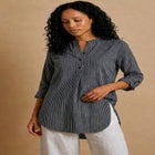 Three-Quarter Sleeve Roll Tab Relaxed Fit 100% Cotton Henley Tunic image number null