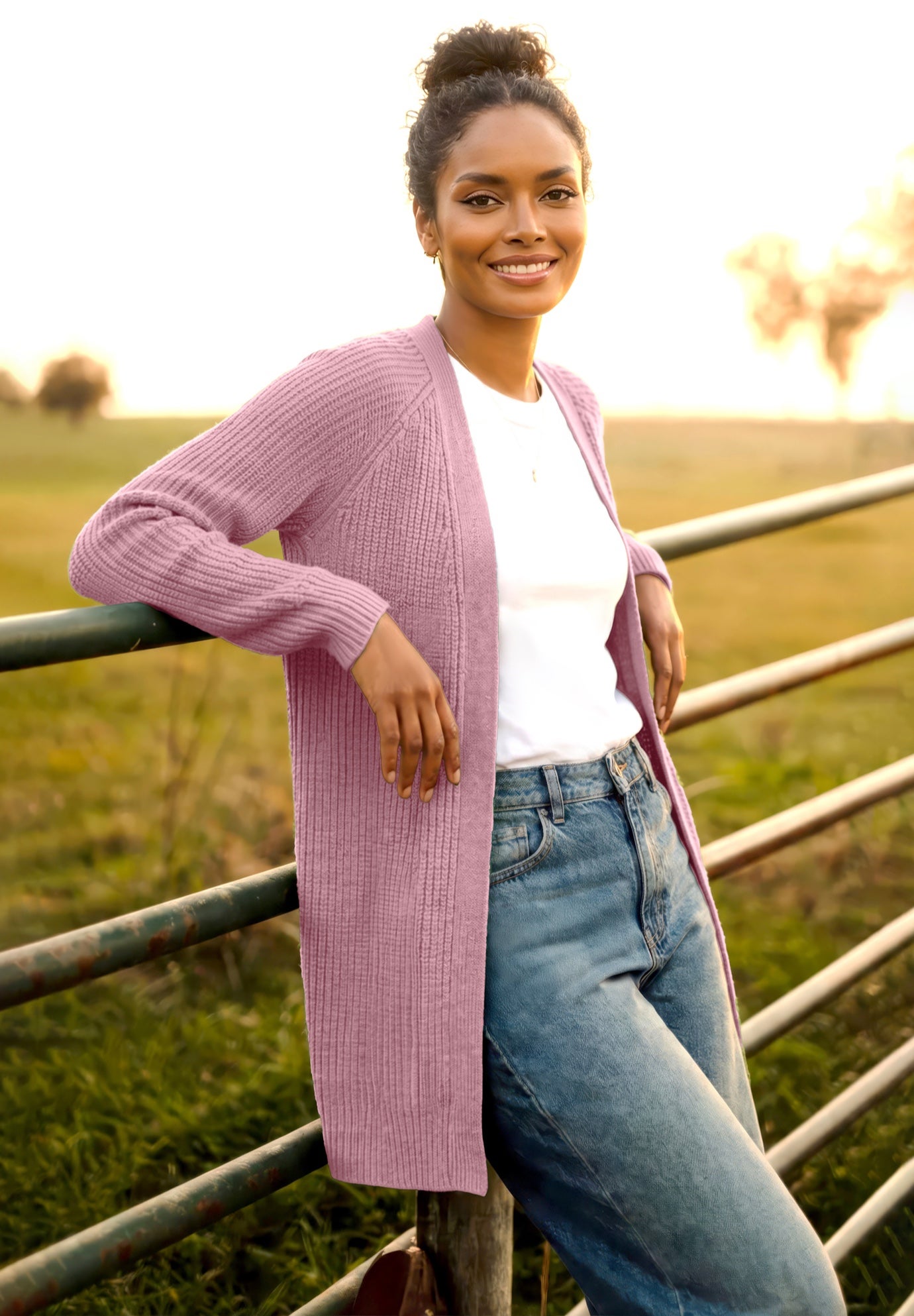 Open Front Long Ribbed Sleeve Waffle Cardigan image number 0