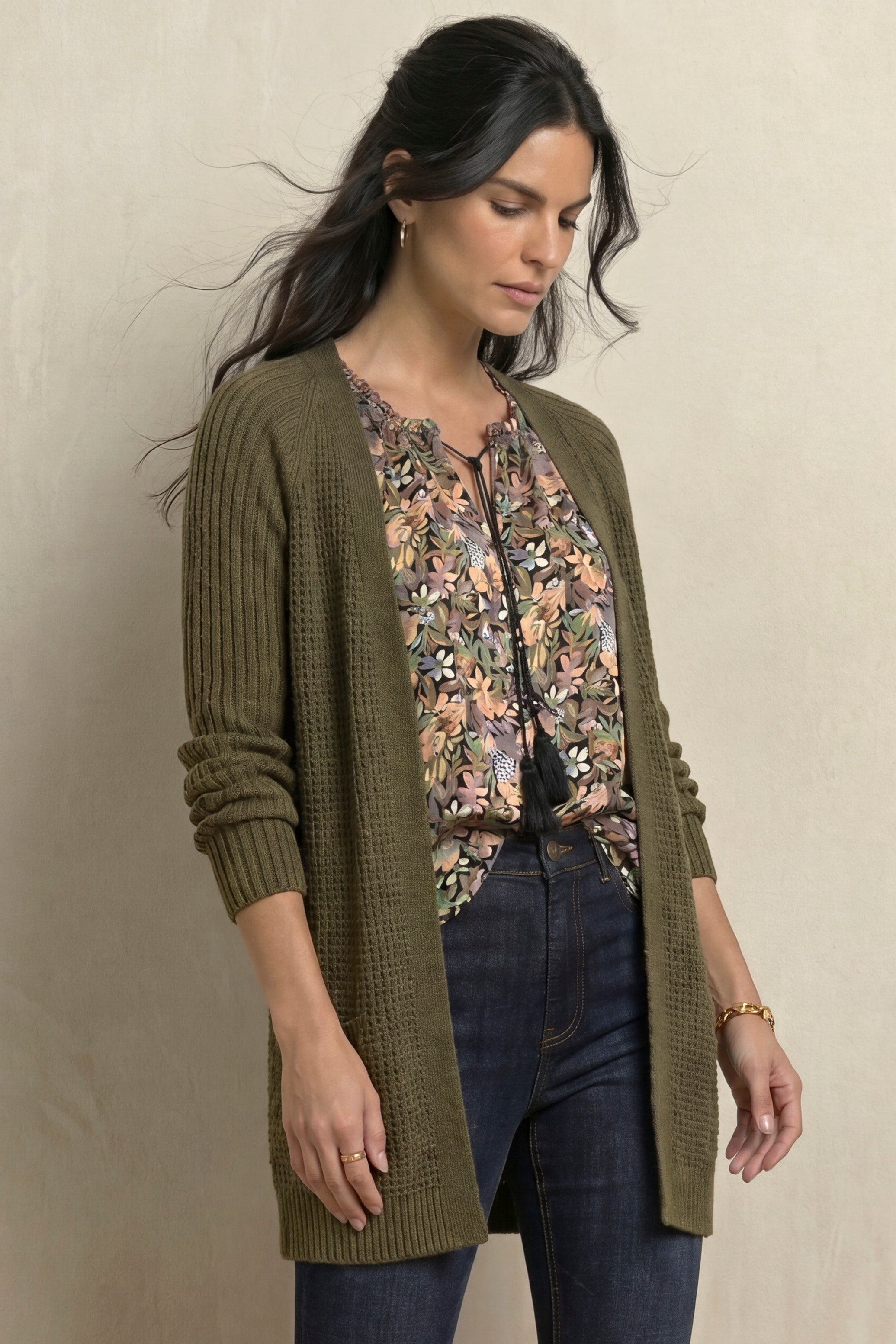 Open Front Long Ribbed Sleeve Waffle Cardigan image number 0