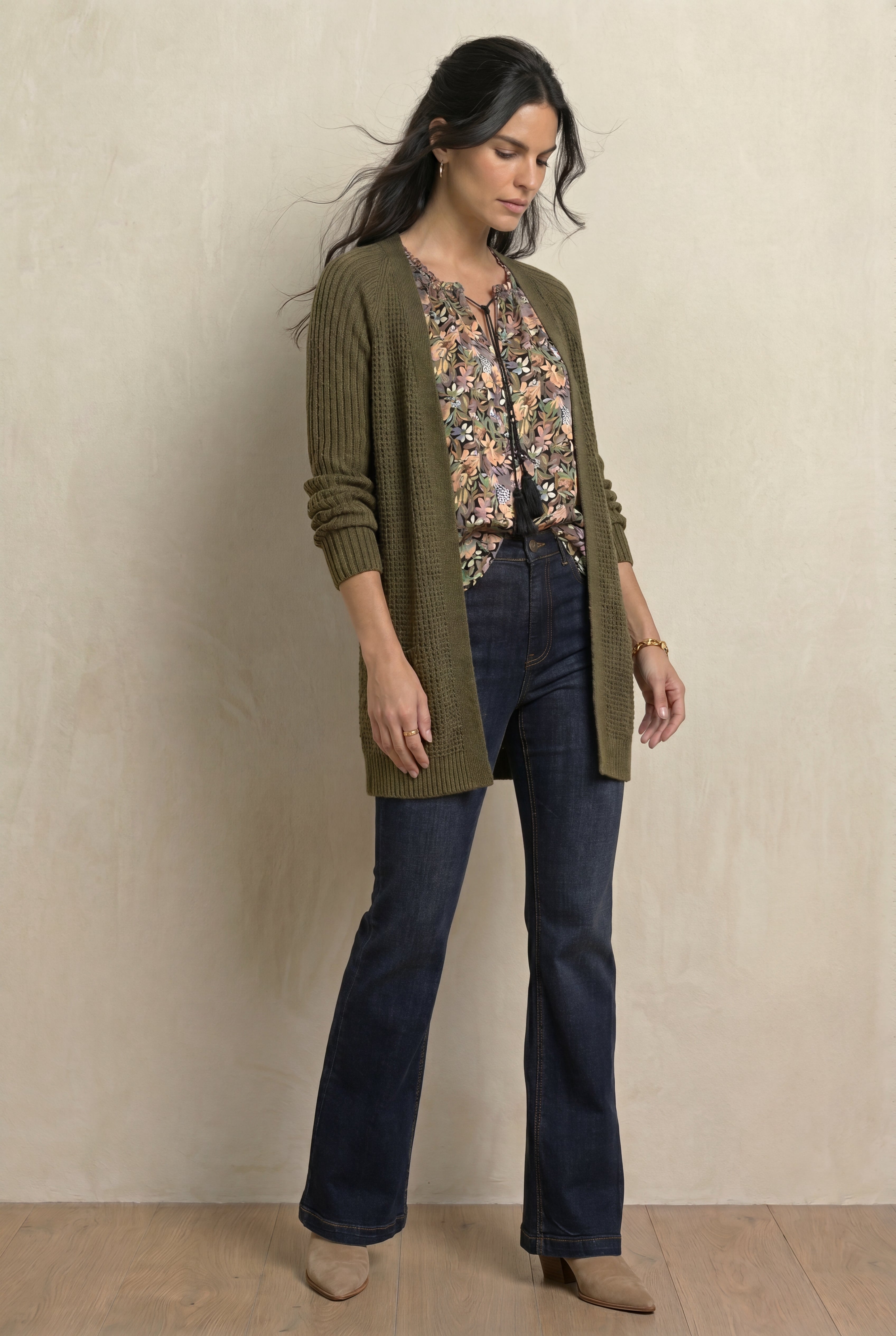 Open Front Long Ribbed Sleeve Waffle Cardigan image number 0