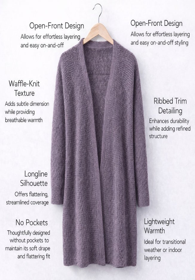 Open Front Long Ribbed Sleeve Waffle Cardigan image number 2