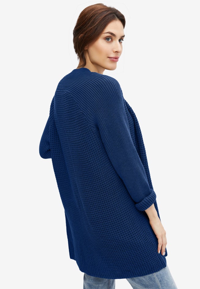 Open Front Long Ribbed Sleeve Waffle Cardigan image number 1
