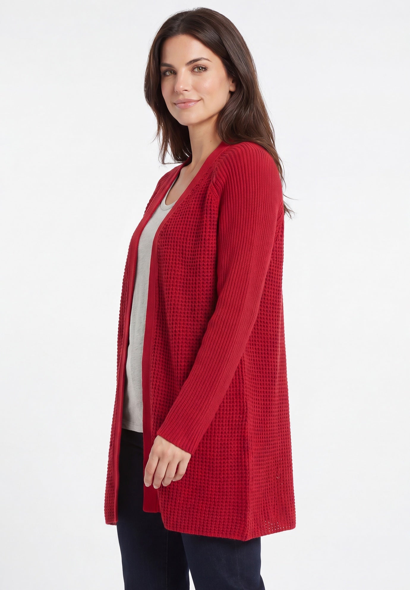 Open Front Long Ribbed Sleeve Waffle Cardigan image number 2