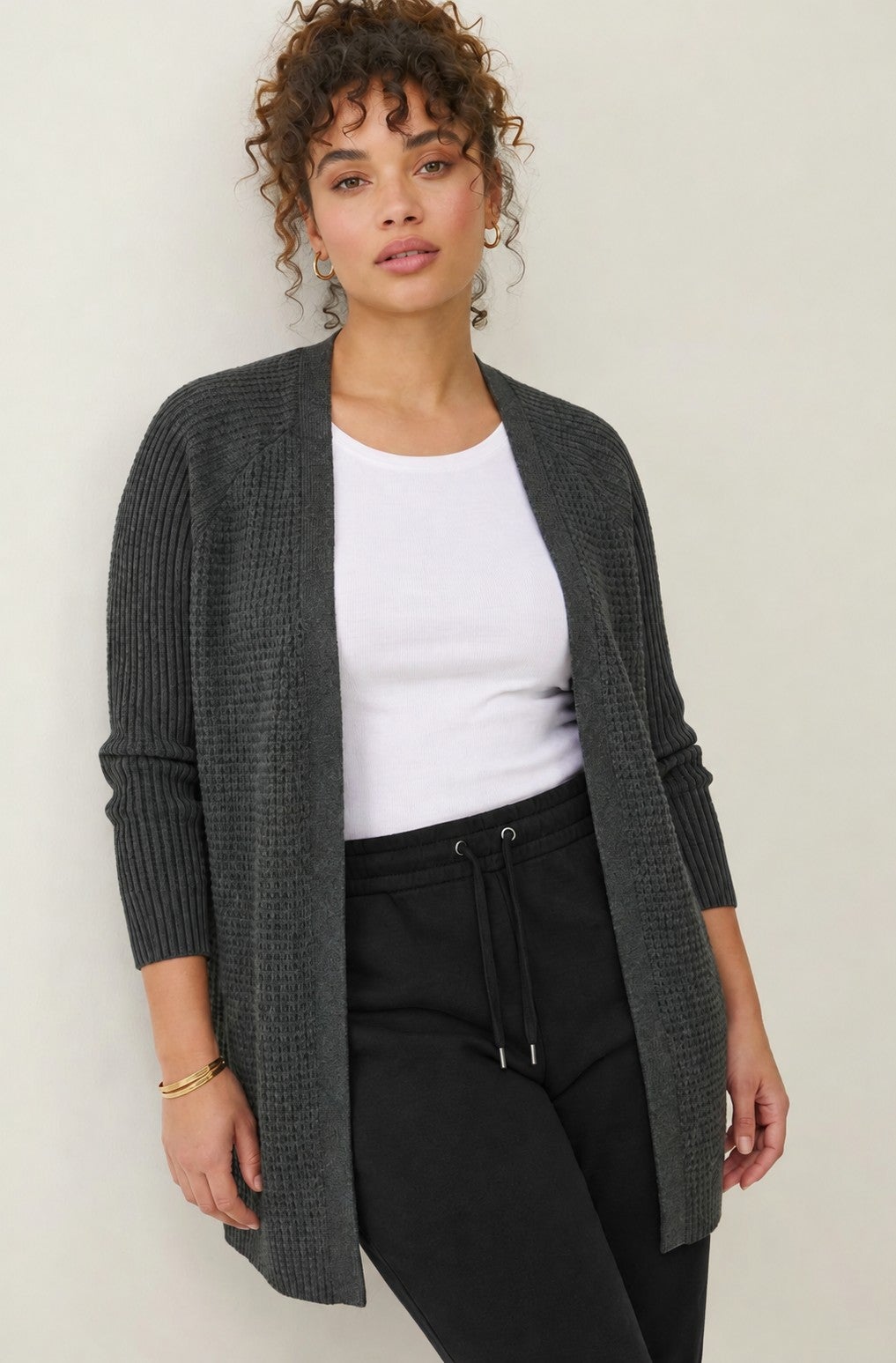 Soft Waffle-Knit Long Cardigan image number 0