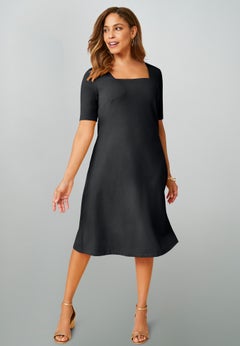 Stretch Cotton Square Neck Midi Dress