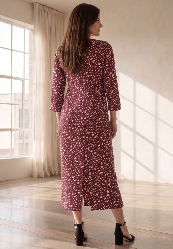 Cotton Spandex Crew Neck 3/4 Sleeve Maxi Dress image number 1