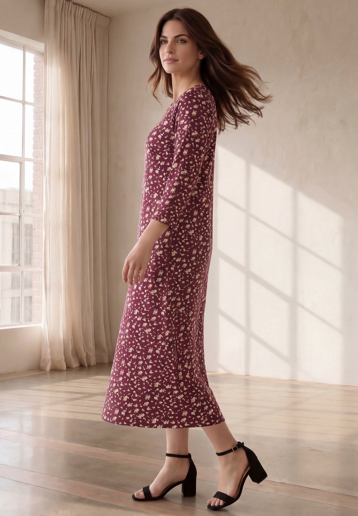 Cotton Spandex Crew Neck 3/4 Sleeve Maxi Dress image number 2