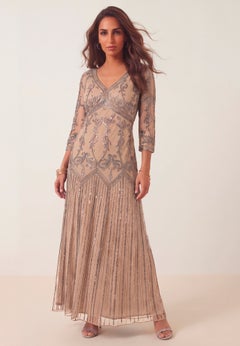 Plus Size Beaded V-Neck 3/4 Sleeve Sleeve Maxi Gown