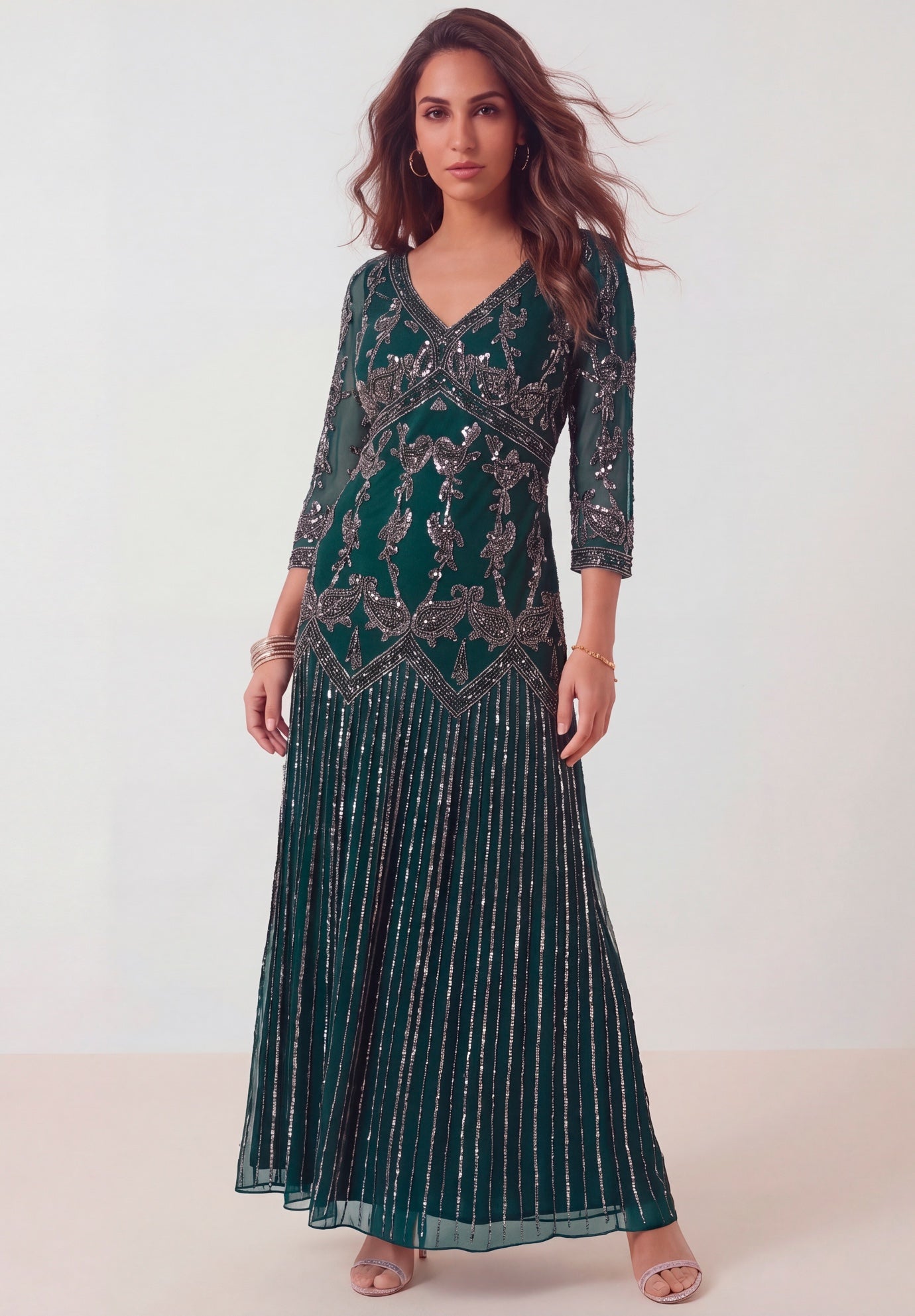 Plus Size Beaded V-Neck 3/4 Sleeve Sleeve Maxi Gown image number 0
