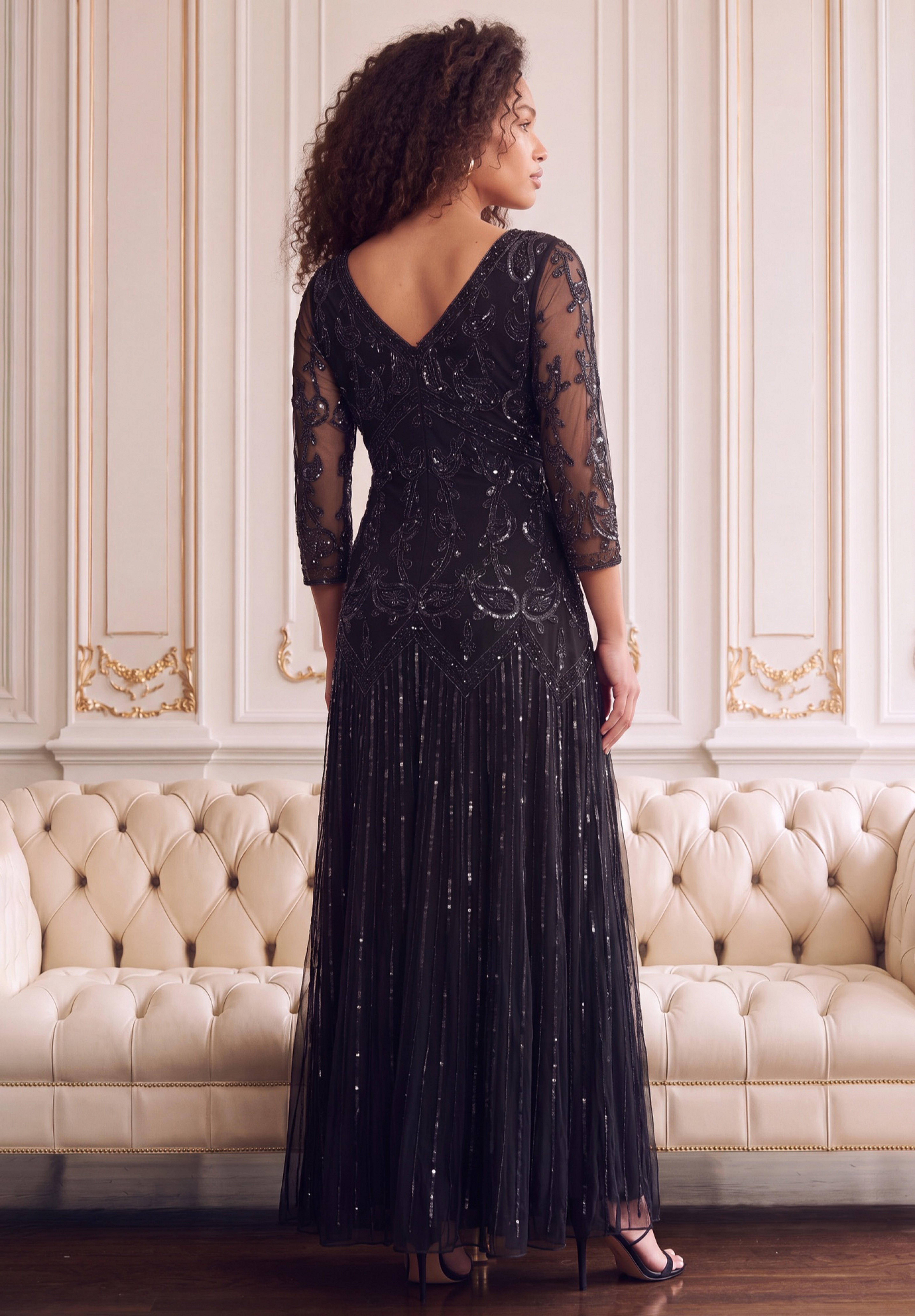 Plus Size Beaded V-Neck 3/4 Sleeve Sleeve Maxi Gown image number 3