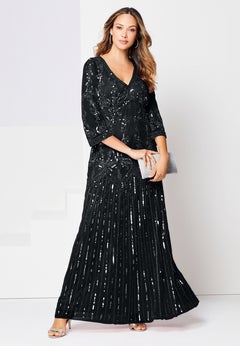 Plus Size Beaded V-Neck 3/4 Sleeve Sleeve Maxi Gown