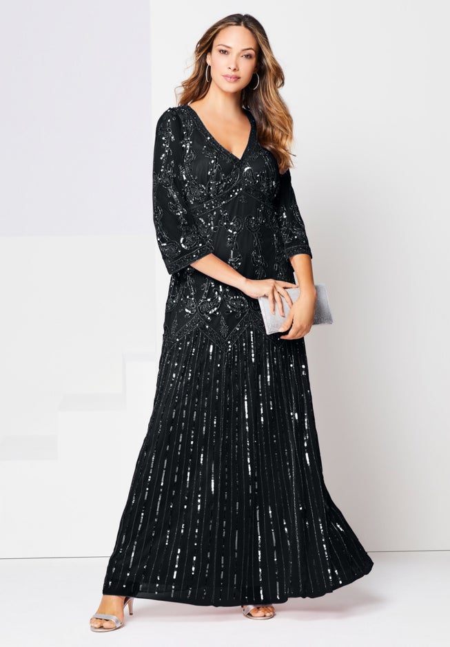 Plus Size Beaded V-Neck 3/4 Sleeve Sleeve Maxi Gown image number 1